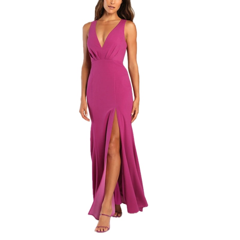 Lulu’s Magenta All For The Romance V-Neck Backless Mermaid Slit Maxi Dress